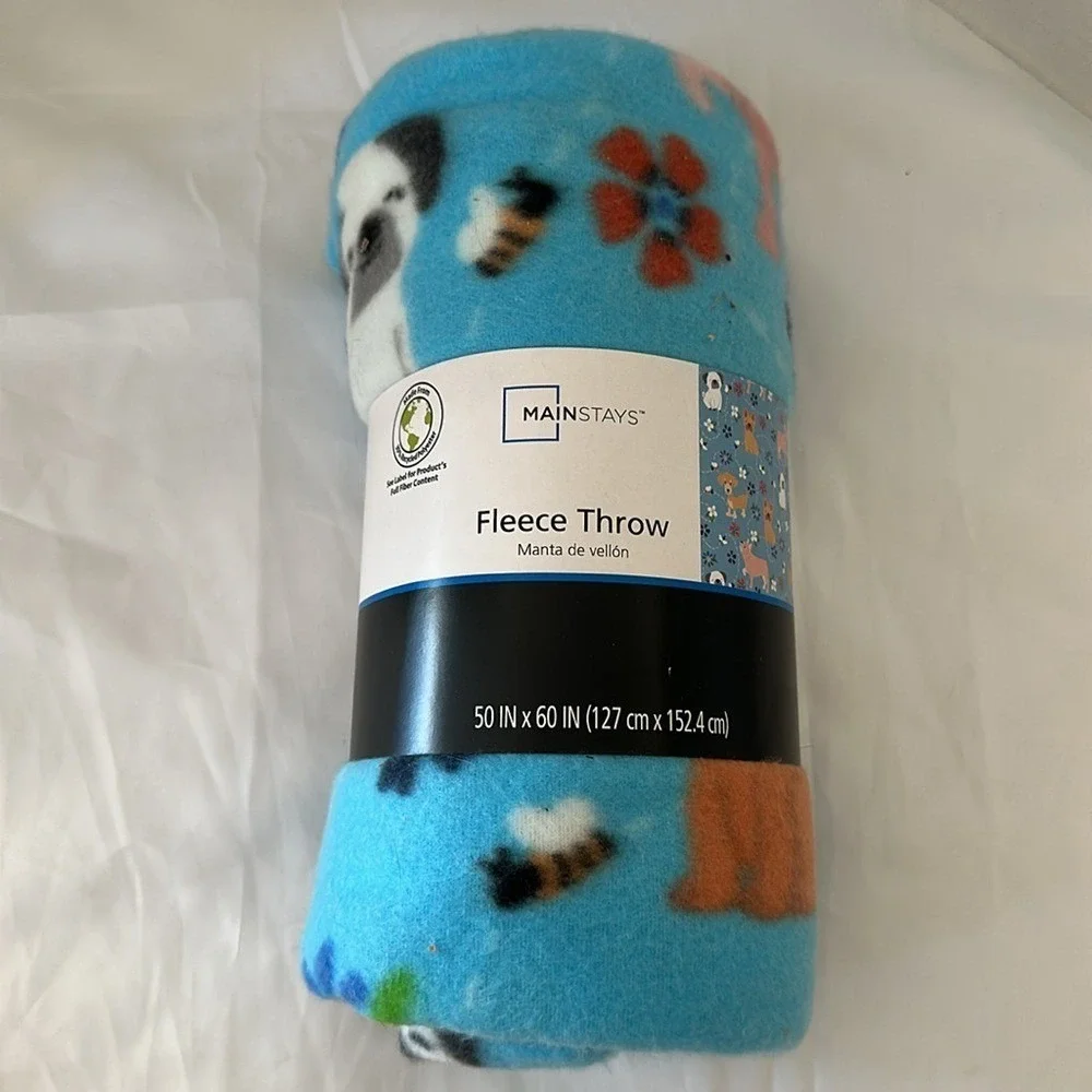 Mainstays Spring Dog Fleece Throw Blanket Blue Floral Puppy Bee 50x60 NEW